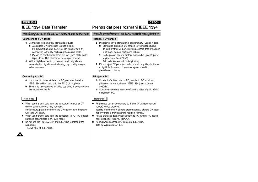 Samsung VP-D26i manual Ieee 1394 Data Transfer, Connecting to a DV device, Connecting to a PC, Pﬁipojení k DV zaﬁízení 