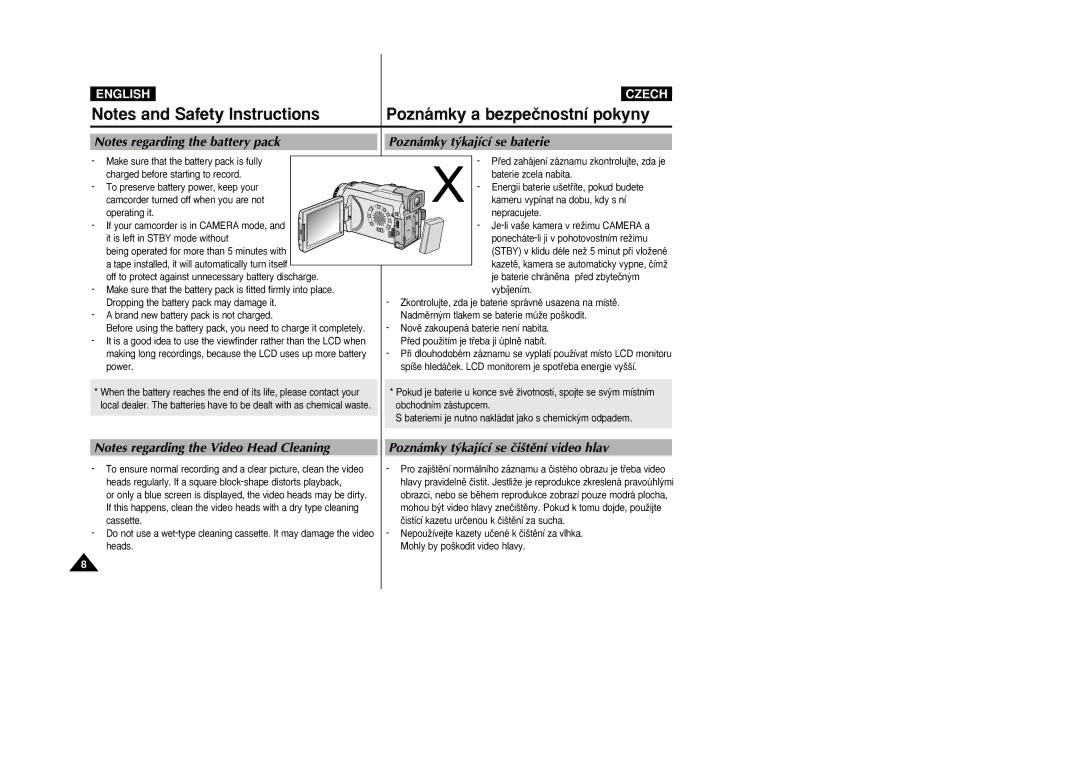 Samsung VP-D26i manual Poznámky t˘kající se baterie, Poznámky t˘kající se ãi‰tûní video hlav 