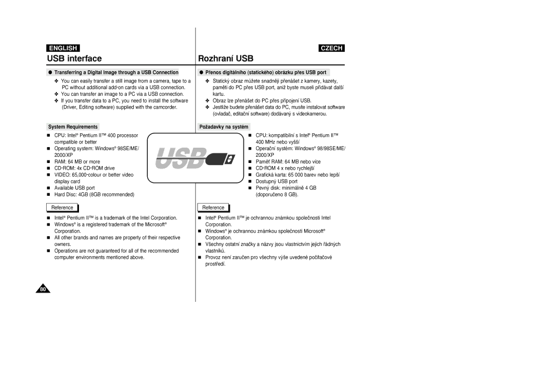 Samsung VP-D26i manual USB interface Rozhraní USB, Transferring a Digital Image through a USB Connection 