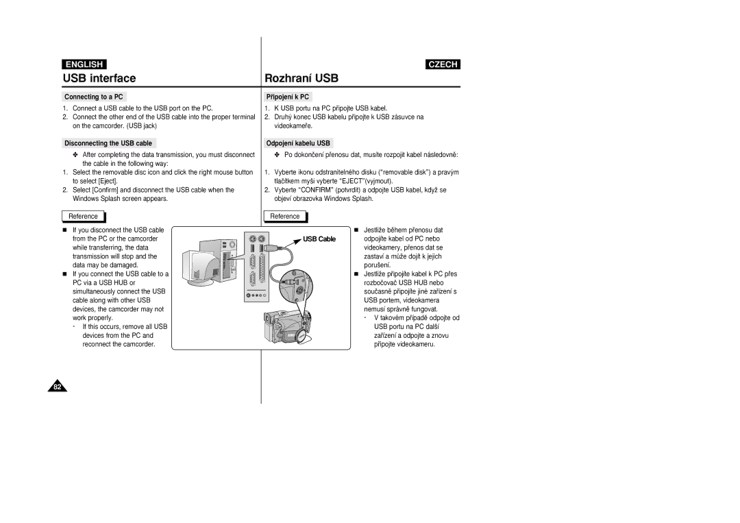 Samsung VP-D26i manual Connecting to a PC Pﬁipojení k PC, Disconnecting the USB cable, Odpojení kabelu USB 