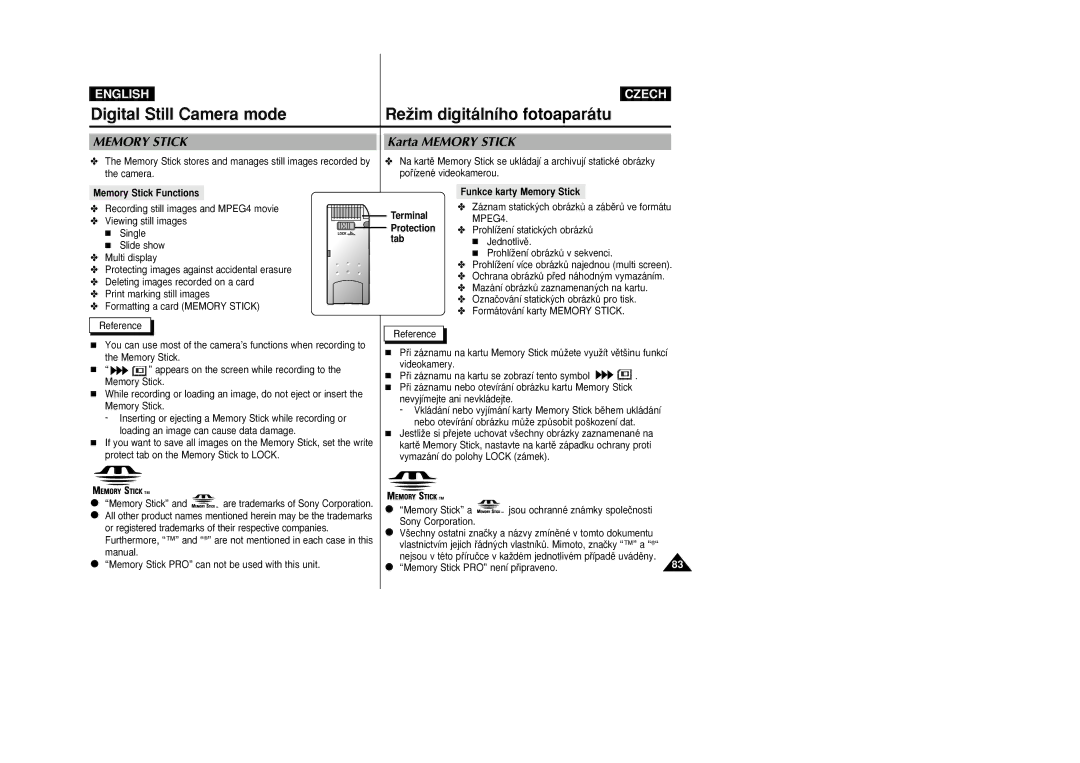 Samsung VP-D26 manual Digital Still Camera mode ReÏim digitálního fotoaparátu, Karta Memory Stick, Memory Stick Functions 