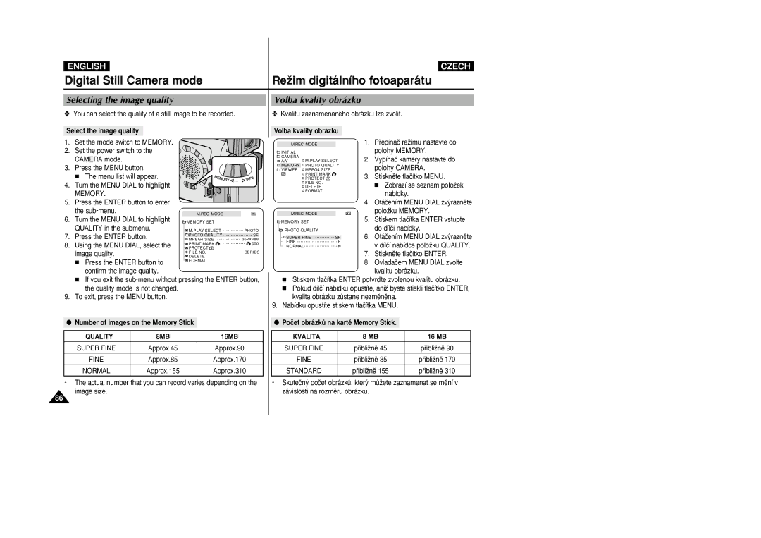 Samsung VP-D26i manual Digital Still Camera mode, Selecting the image quality, Quality, Kvalita 