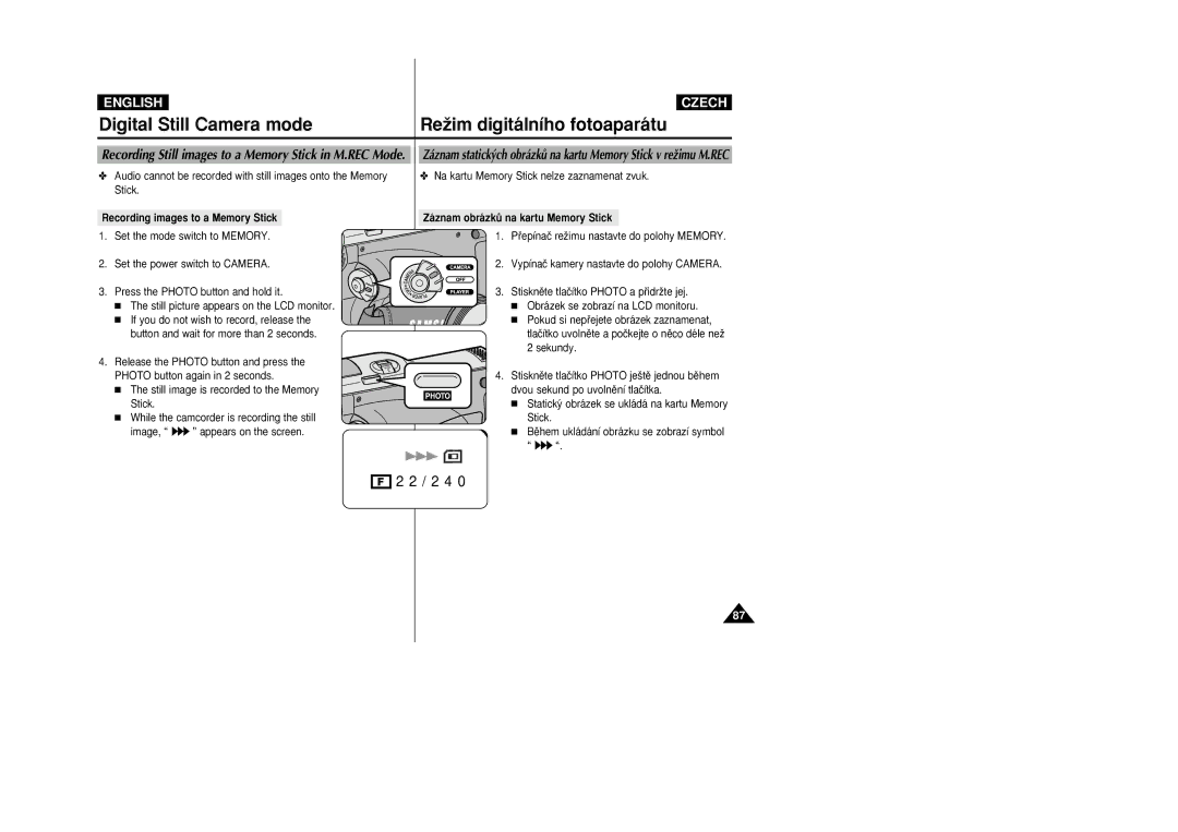 Samsung VP-D26i manual Recording images to a Memory Stick, Na kartu Memory Stick nelze zaznamenat zvuk 