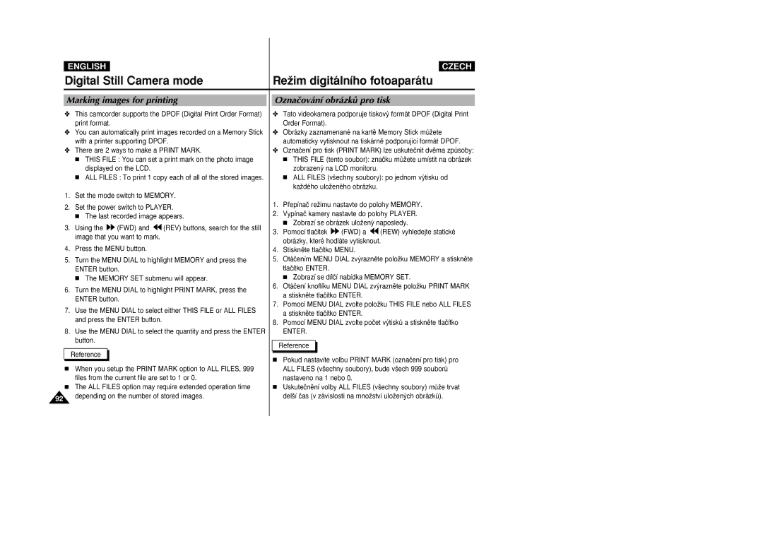 Samsung VP-D26i manual Marking images for printing, Oznaãování obrázkÛ pro tisk 