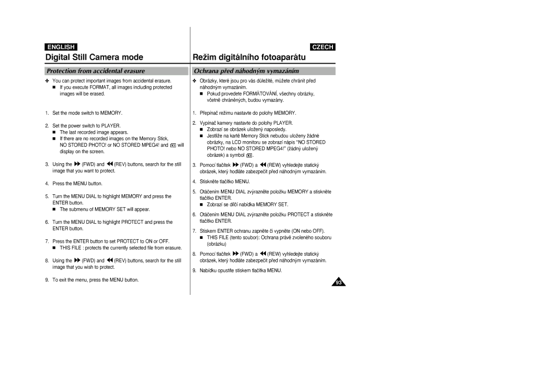 Samsung VP-D26i manual Protection from accidental erasure, Ochrana pﬁed náhodn˘m vymazáním, Obrázek a symbol 