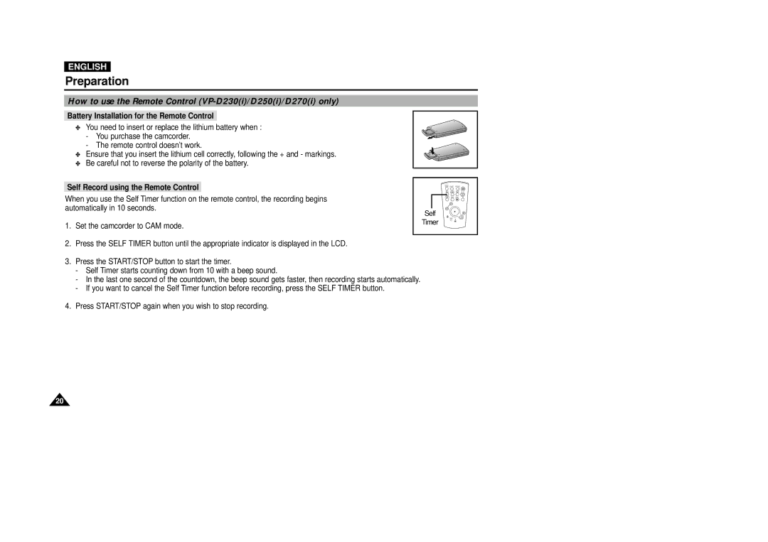 Samsung VP-D270 Preparation, How to use the Remote Control VP-D230i/D250i/D270i only, Self Record using the Remote Control 