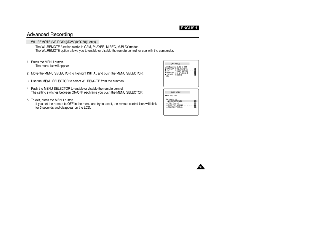 Samsung VP-D270, VP-D250, VP-D200(I) manual WL. Remote VP-D230i/D250i/D270i only 