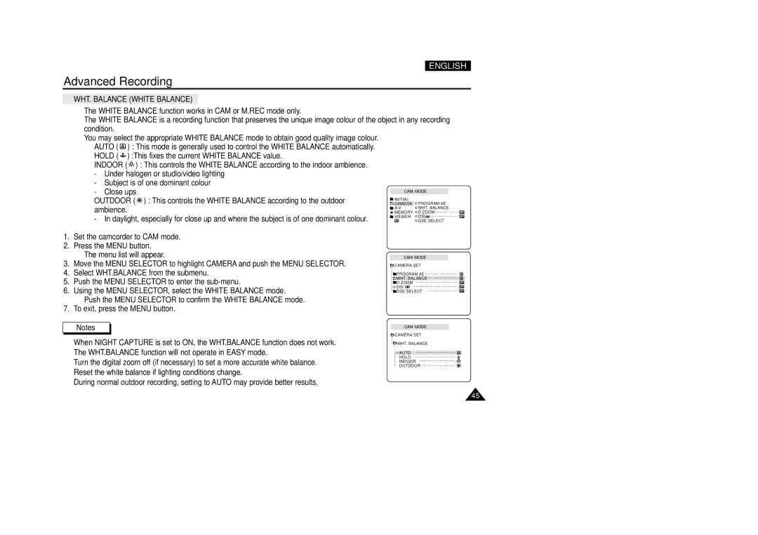 Samsung VP-D250, VP-D270, VP-D200(I), VP-D230 manual WHT. Balance White Balance 