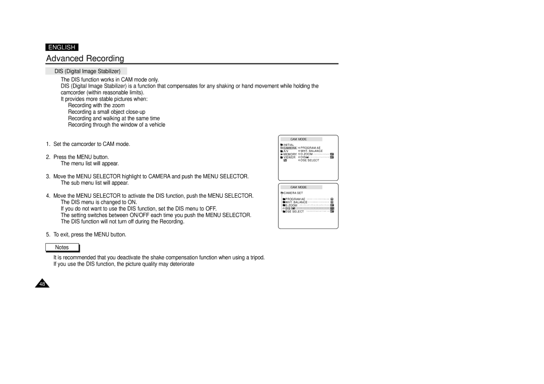 Samsung VP-D270, VP-D250, VP-D200(I), VP-D230 manual DIS Digital Image Stabilizer 