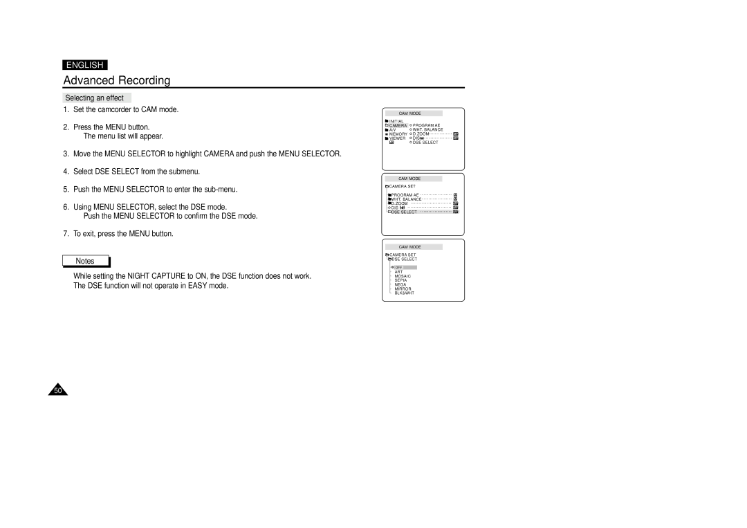 Samsung VP-D200(I), VP-D270, VP-D250, VP-D230 manual Selecting an effect 