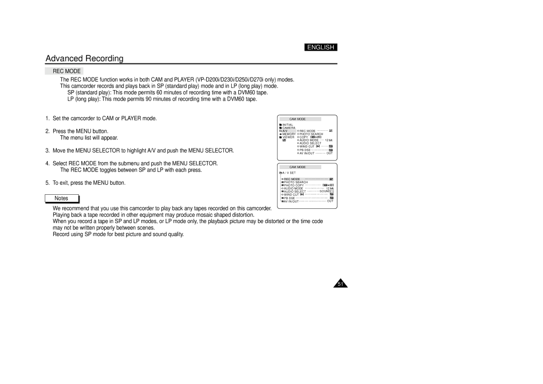 Samsung VP-D230, VP-D270, VP-D250, VP-D200(I) manual REC Mode 