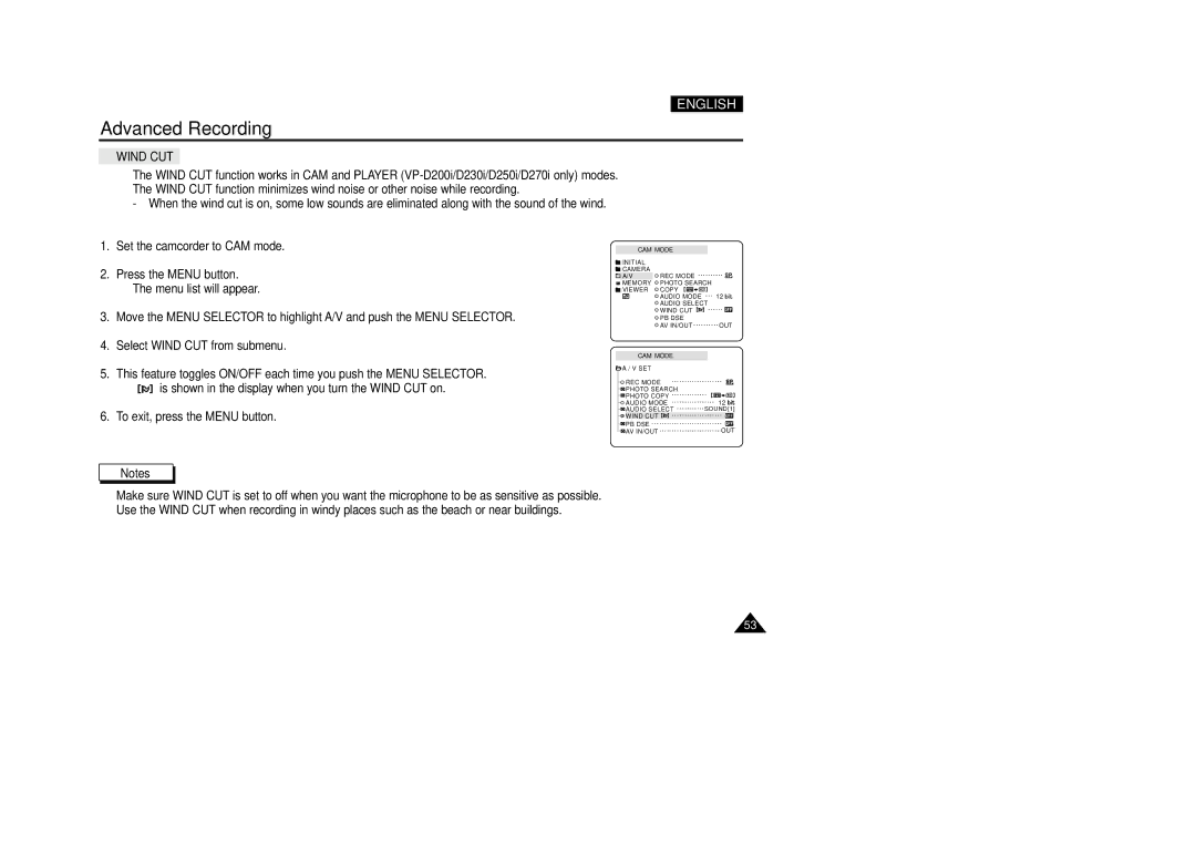 Samsung VP-D250, VP-D270, VP-D200(I), VP-D230 manual Wind CUT 