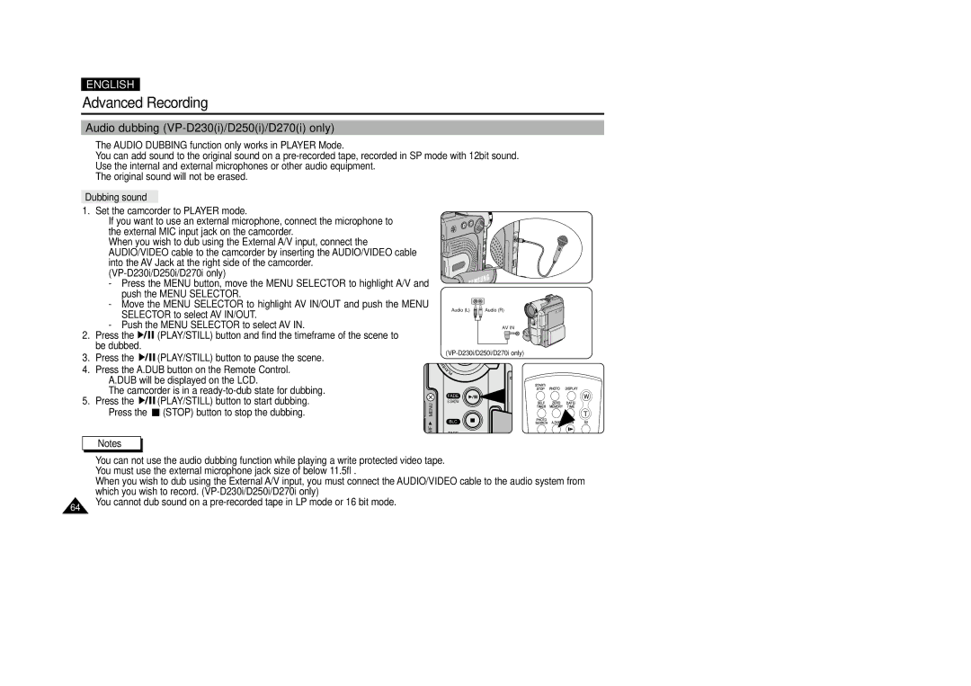 Samsung VP-D270, VP-D250, VP-D200(I) manual Audio dubbing VP-D230i/D250i/D270i only, Dubbing sound 