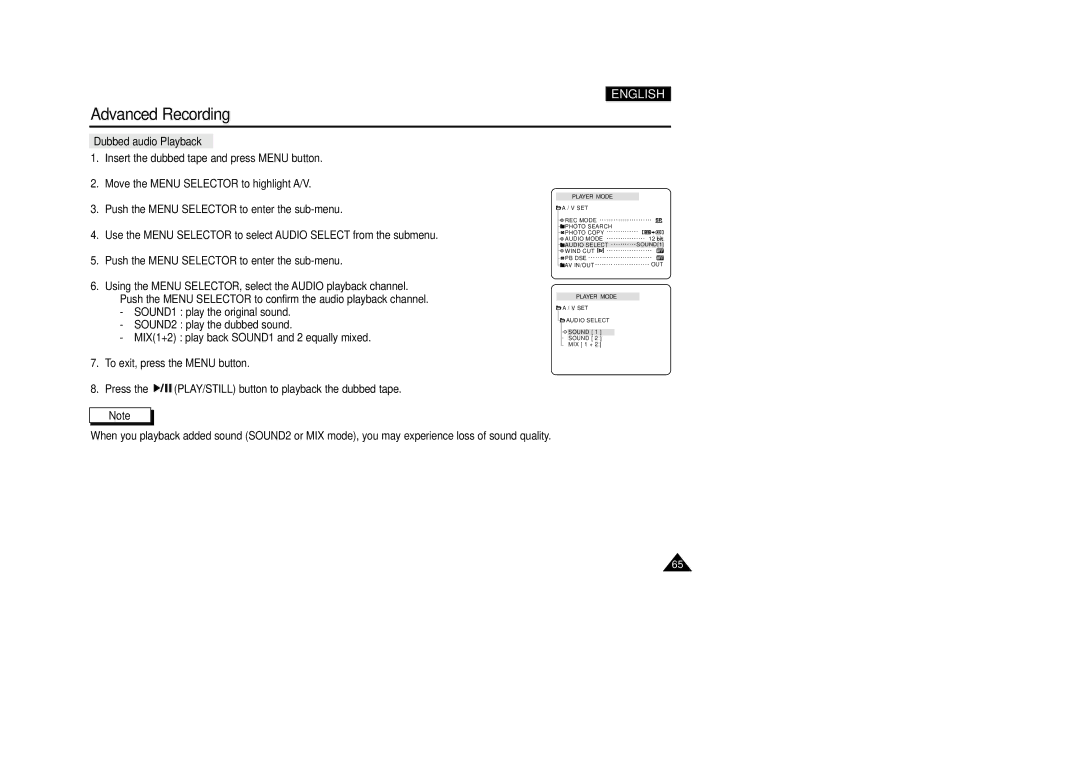 Samsung VP-D250, VP-D270, VP-D200(I), VP-D230 manual Dubbed audio Playback 