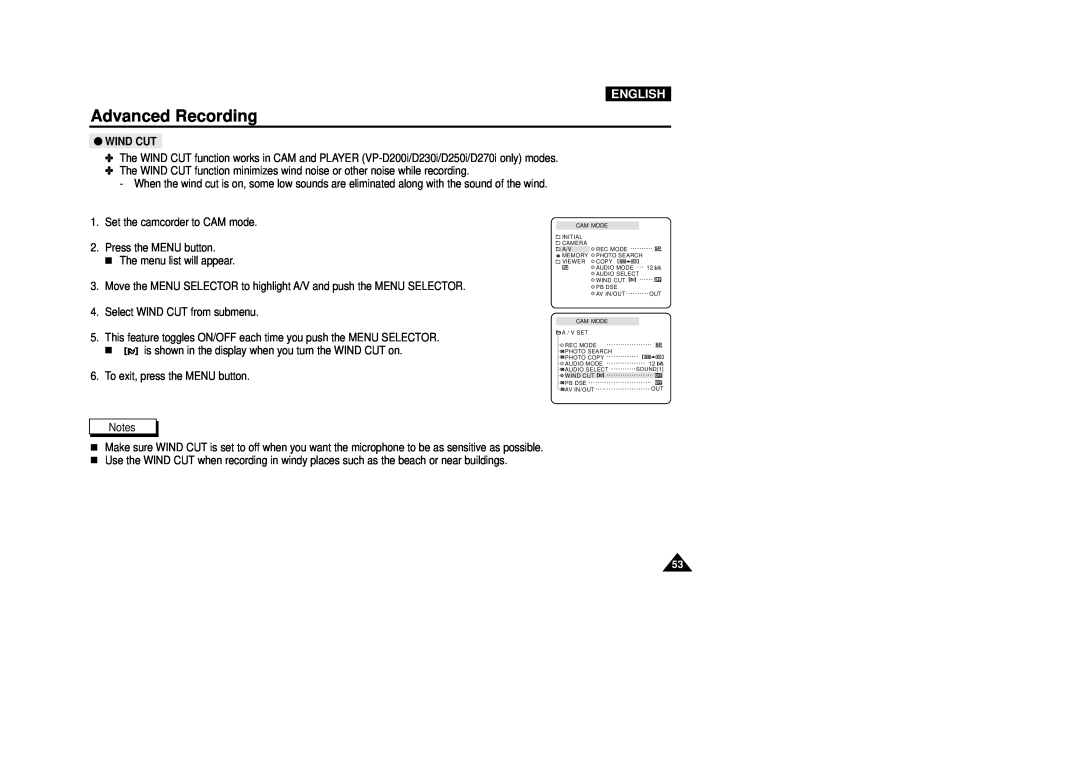 Samsung VP-D250, VP-D270, VP-D200(I), VP-D230 manual Advanced Recording, English, Wind Cut 