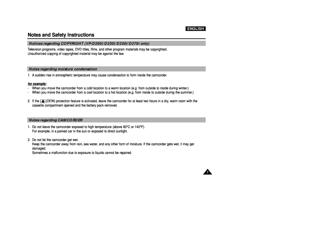 Samsung VP-D230 Notes regarding moisture condensation, Notes regarding CAMCORDER, Notes and Safety Instructions, English 