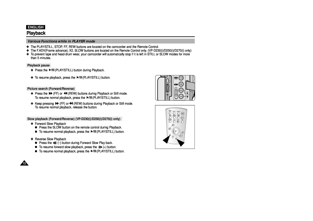Samsung VP-D270 manual Various Functions while in PLAYER mode, English, Playback pause, Picture search Forward/Reverse 
