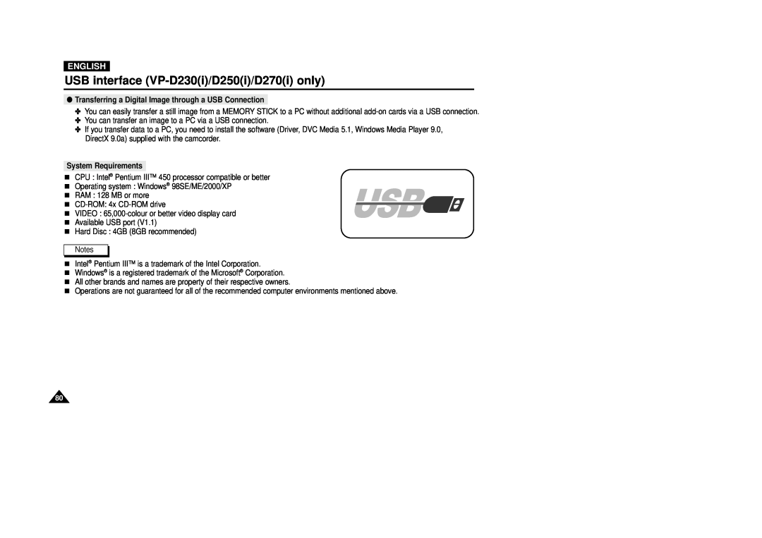 Samsung VP-D270, VP-D250, VP-D200(I) manual USB interface VP-D230i/D250i/D270ionly, English, System Requirements 