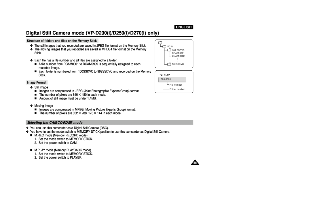 Samsung VP-D250, VP-D270, VP-D200(I), VP-D230 manual Selecting the CAMCORDER mode, English, Image Format 
