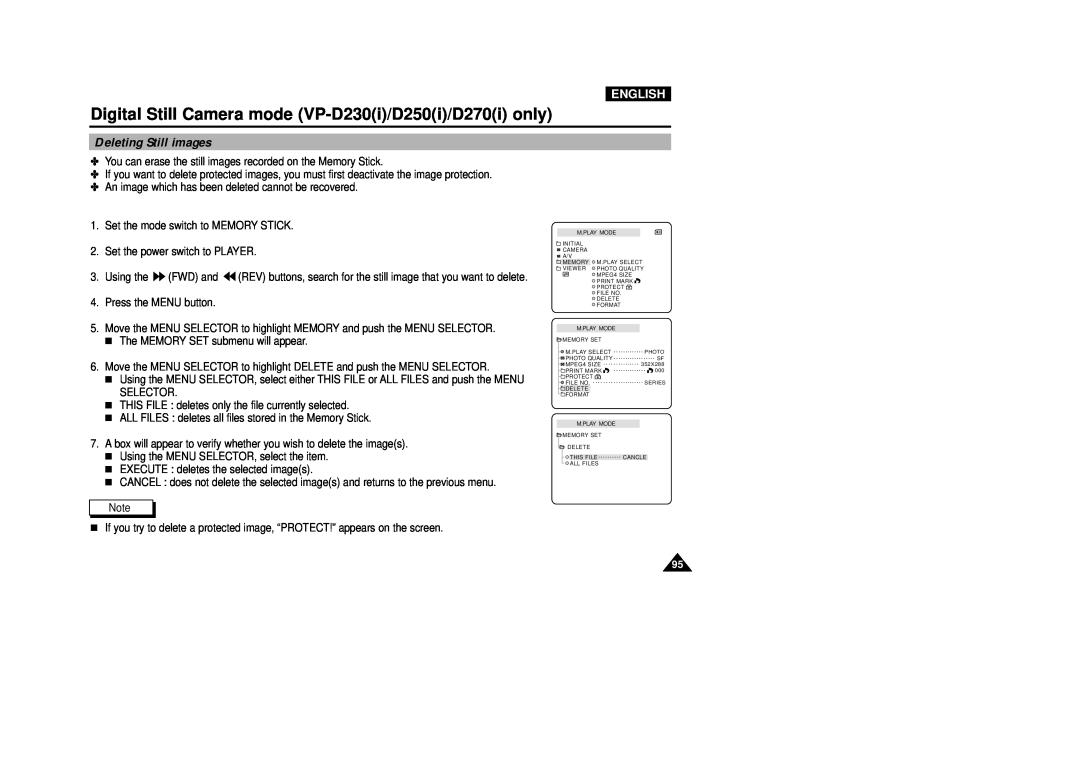 Samsung VP-D230, VP-D270, VP-D250, VP-D200(I) manual Deleting Still images, English 