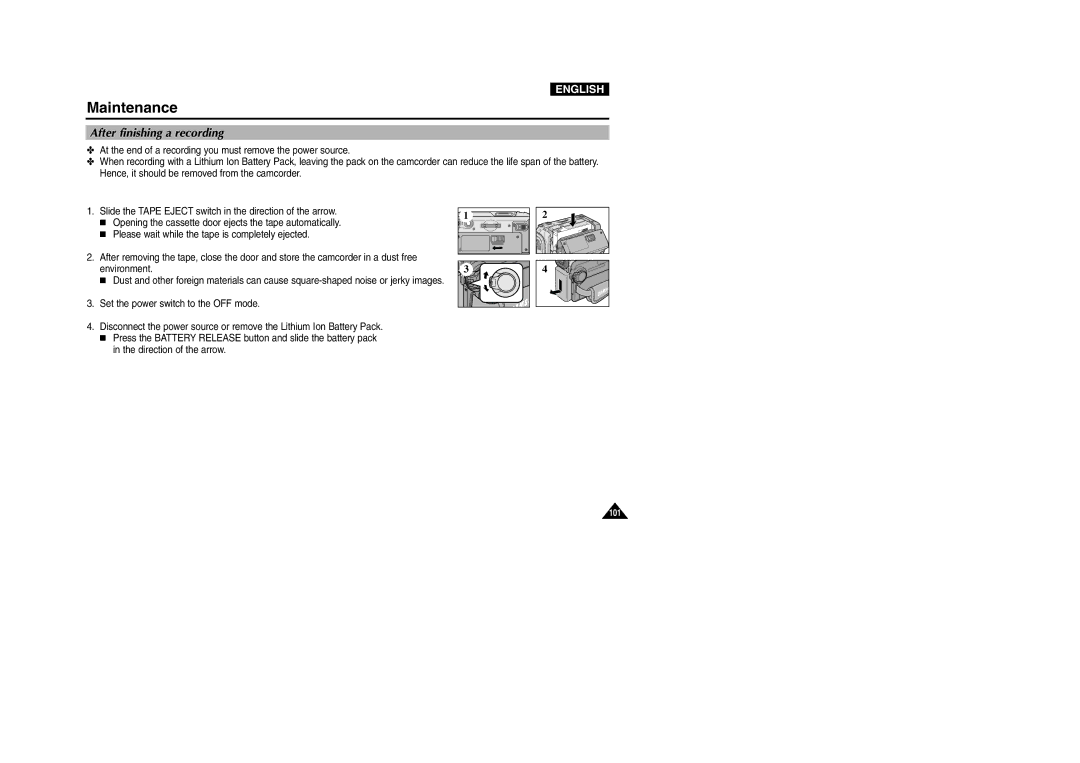 Samsung D305(i), VP-D301(i), D303(i), D303D(i), D307(i) manual Maintenance, After finishing a recording 