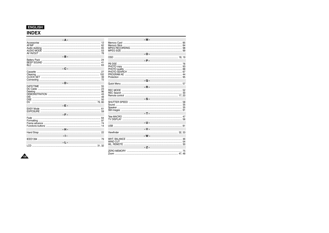 Samsung D303D(i), VP-D301(i), D305(i), D303(i), D307(i) manual Index 