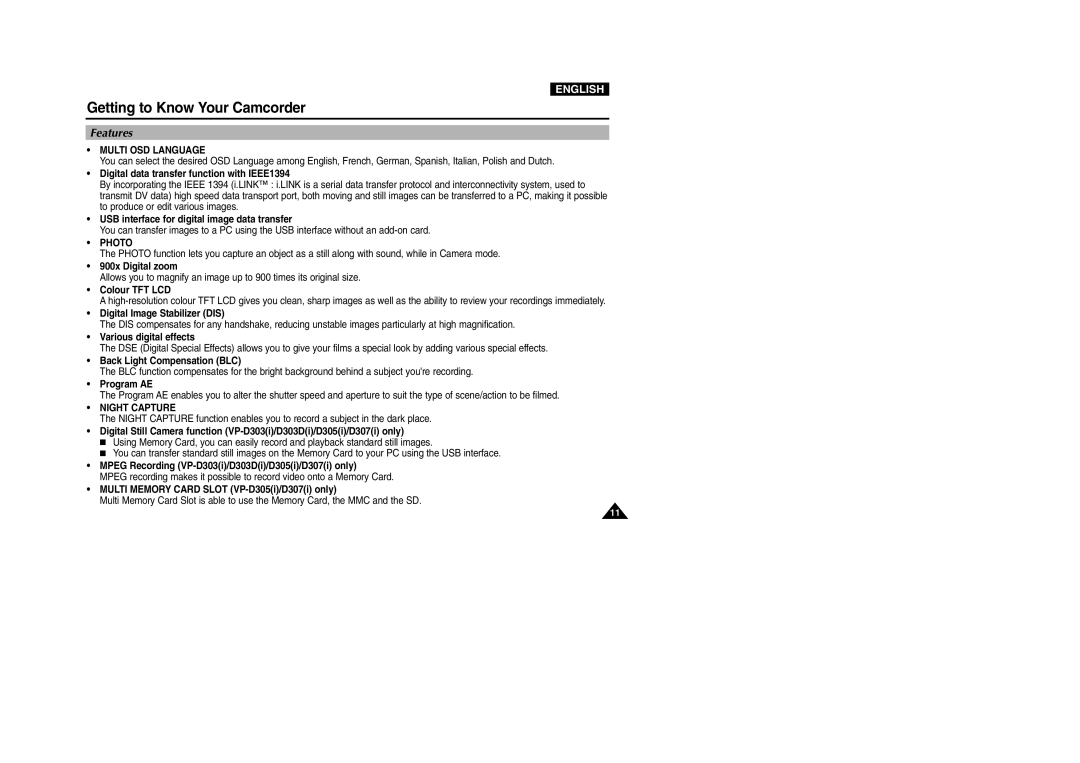 Samsung D305(i), VP-D301(i), D303(i), D303D(i), D307(i) manual Features, Multi OSD Language, Photo, Night Capture 