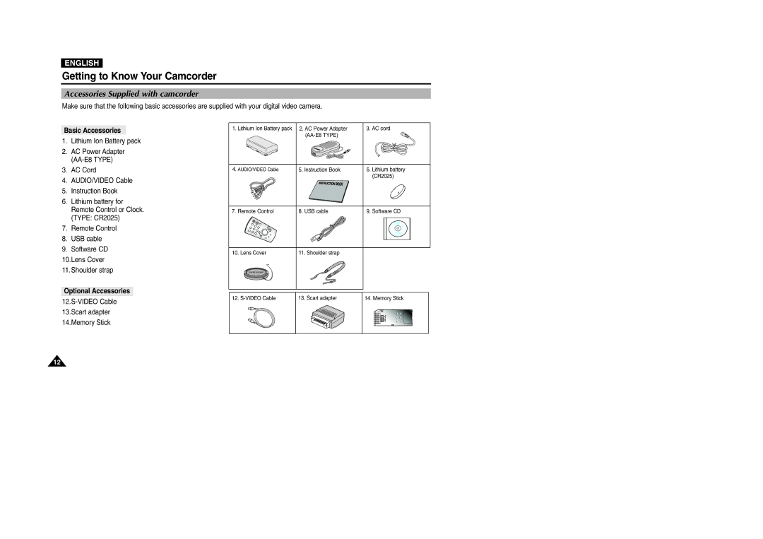 Samsung D303(i), VP-D301(i), D305(i), D303D(i) Accessories Supplied with camcorder, Basic Accessories, Optional Accessories 