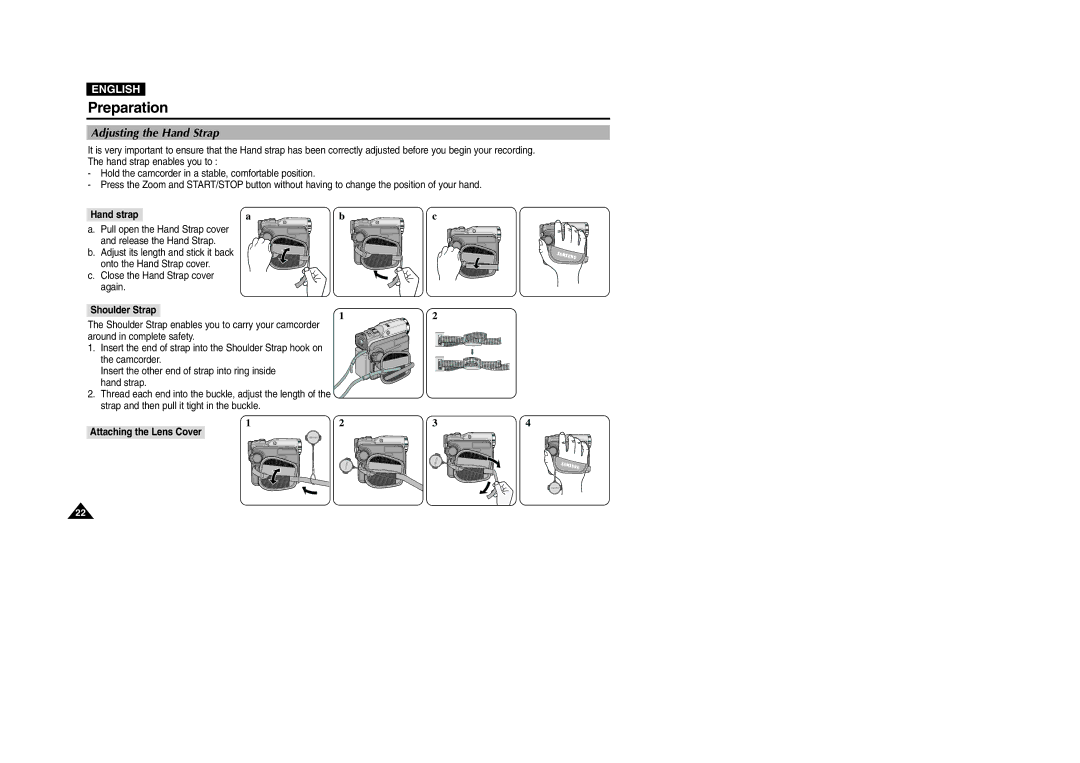 Samsung D303(i), VP-D301(i), D305(i), D307(i) Adjusting the Hand Strap, Hand strap, Shoulder Strap, Attaching the Lens Cover 