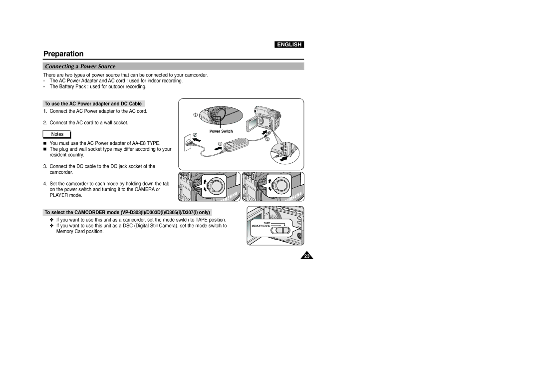 Samsung D303D(i), VP-D301(i), D305(i), D303(i), D307(i) Connecting a Power Source, To use the AC Power adapter and DC Cable 