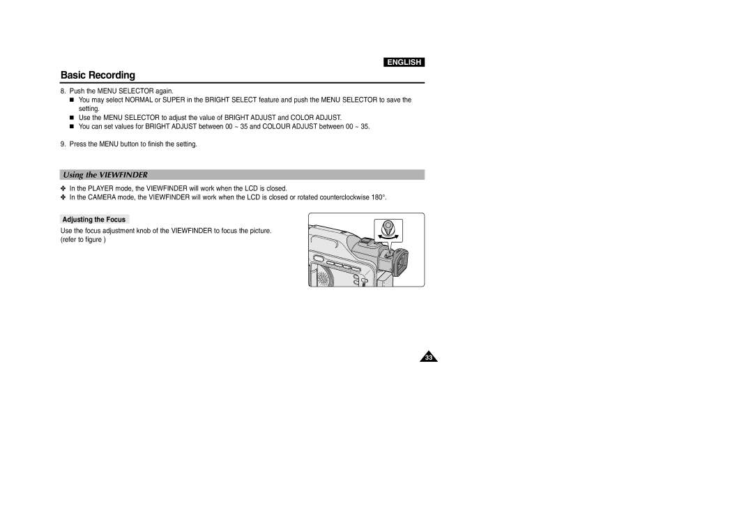 Samsung D303D(i), VP-D301(i), D305(i), D303(i), D307(i) manual Using the Viewfinder, Adjusting the Focus 