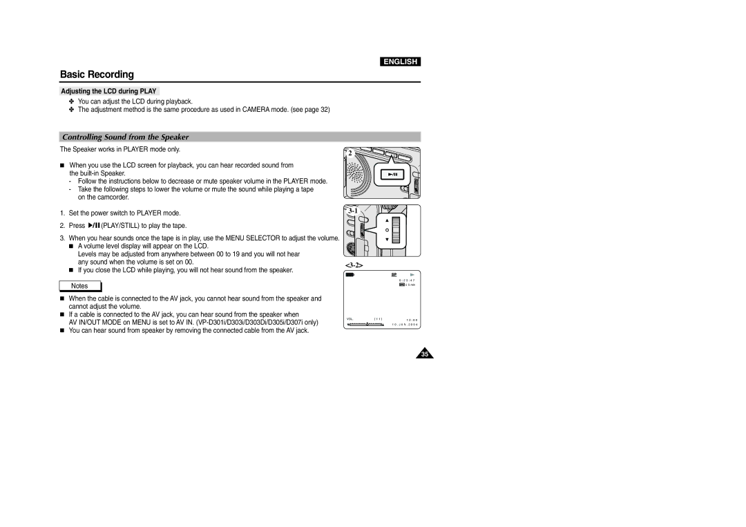 Samsung VP-D301(i), D305(i), D303(i), D303D(i), D307(i) Controlling Sound from the Speaker, Adjusting the LCD during Play 