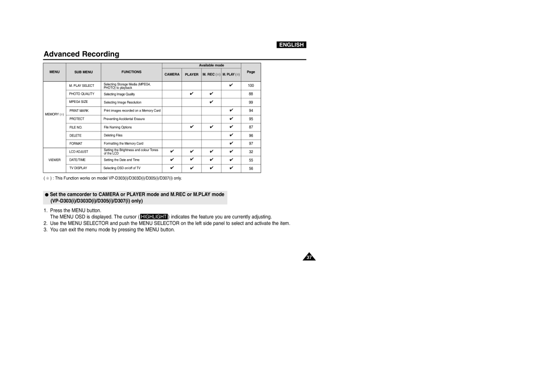 Samsung D303(i), VP-D301(i), D305(i), D303D(i), D307(i) manual Menu SUB Menu Functions Player 