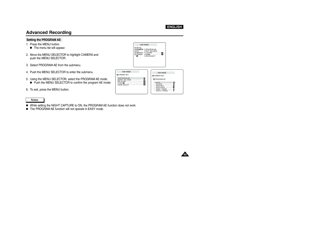 Samsung VP-D301(i), D305(i), D303(i), D303D(i), D307(i) manual Setting the Program AE 