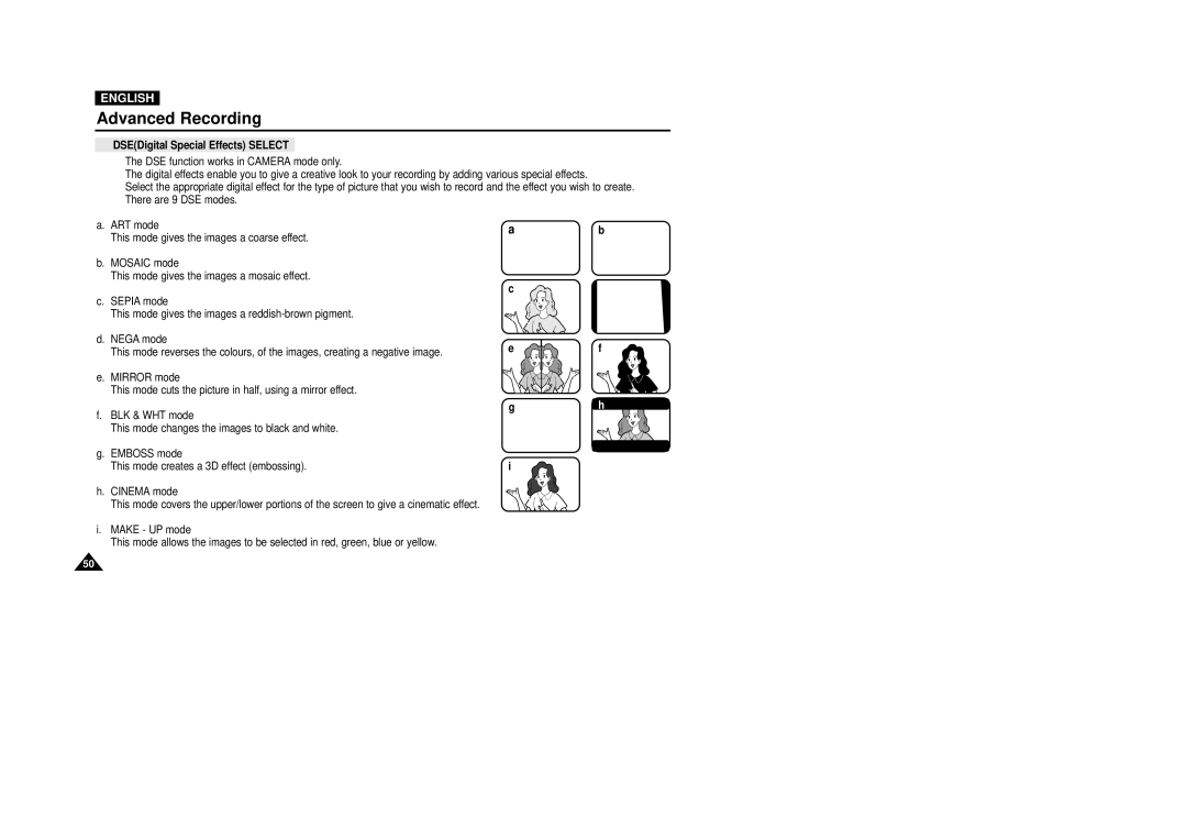 Samsung VP-D301(i), D305(i), D303(i), D303D(i), D307(i) manual DSEDigital Special Effects Select 