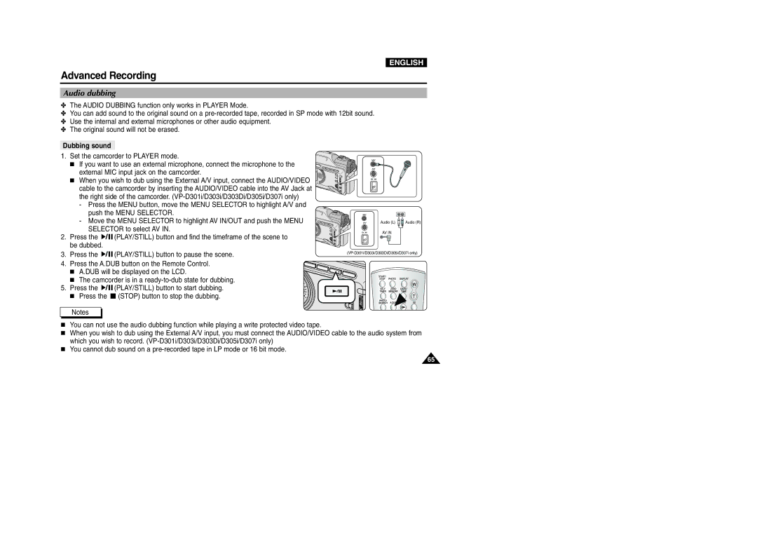 Samsung VP-D301(i), D305(i), D303(i), D303D(i), D307(i) manual Audio dubbing, Dubbing sound 