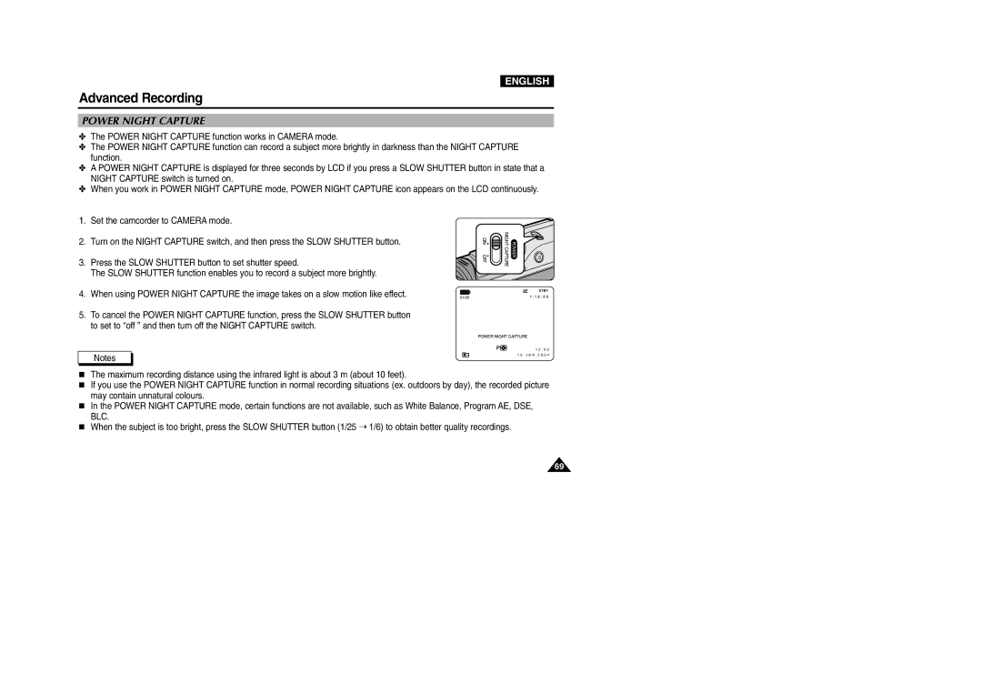 Samsung D307(i), VP-D301(i), D305(i), D303(i), D303D(i) manual Power Night Capture 