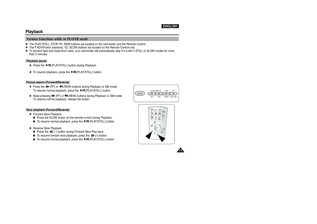 Samsung D303D(i), VP-D301(i) manual Various Functions while in Player mode, Playback pause, Picture search Forward/Reverse 