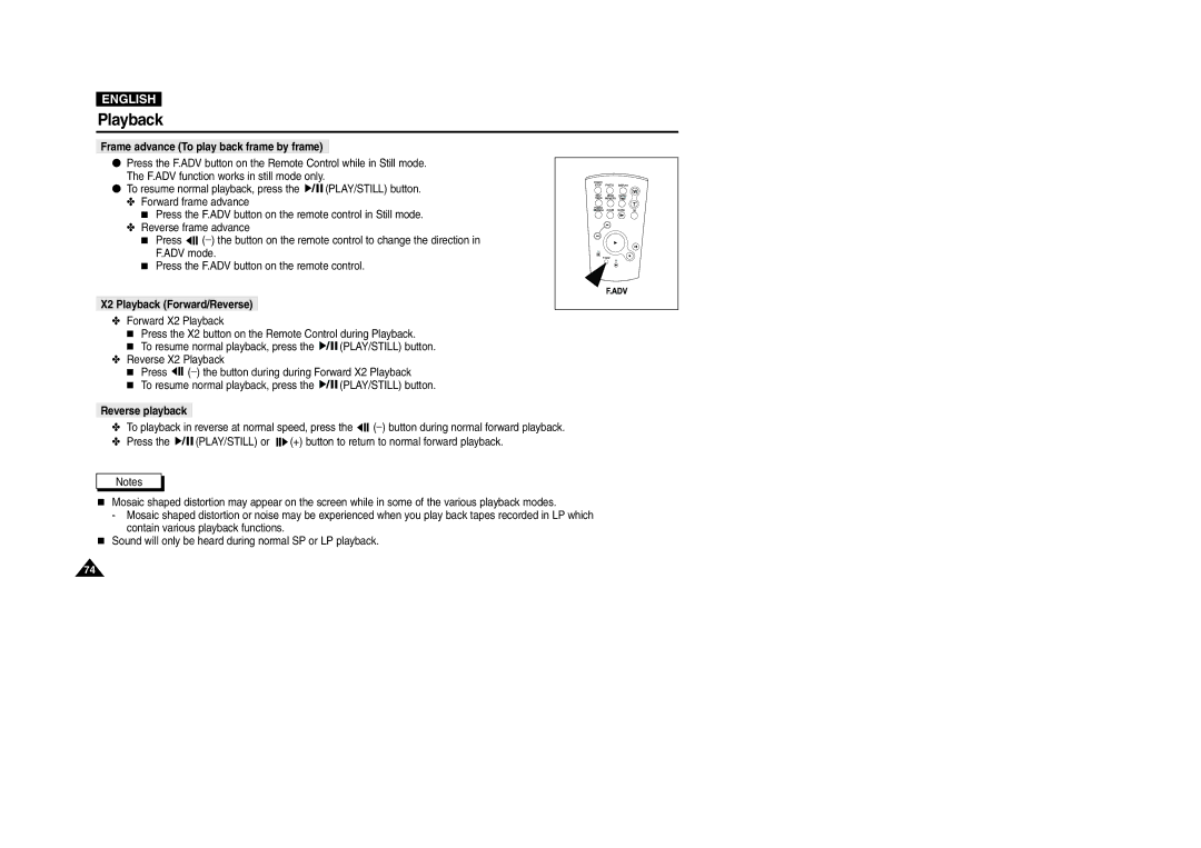 Samsung D307(i), VP-D301(i) manual Frame advance To play back frame by frame, X2 Playback Forward/Reverse, Reverse playback 