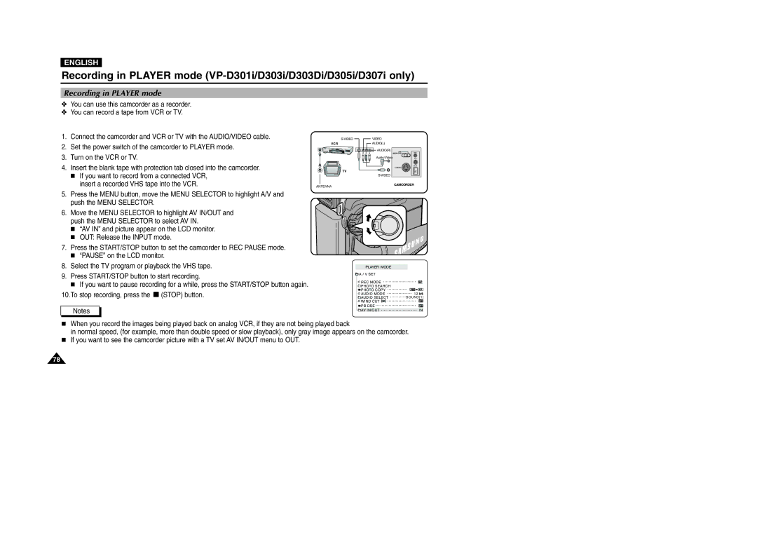 Samsung D303D(i), VP-D301(i), D305(i), D303(i), D307(i) Recording in Player mode, To stop recording, press the Stop button 