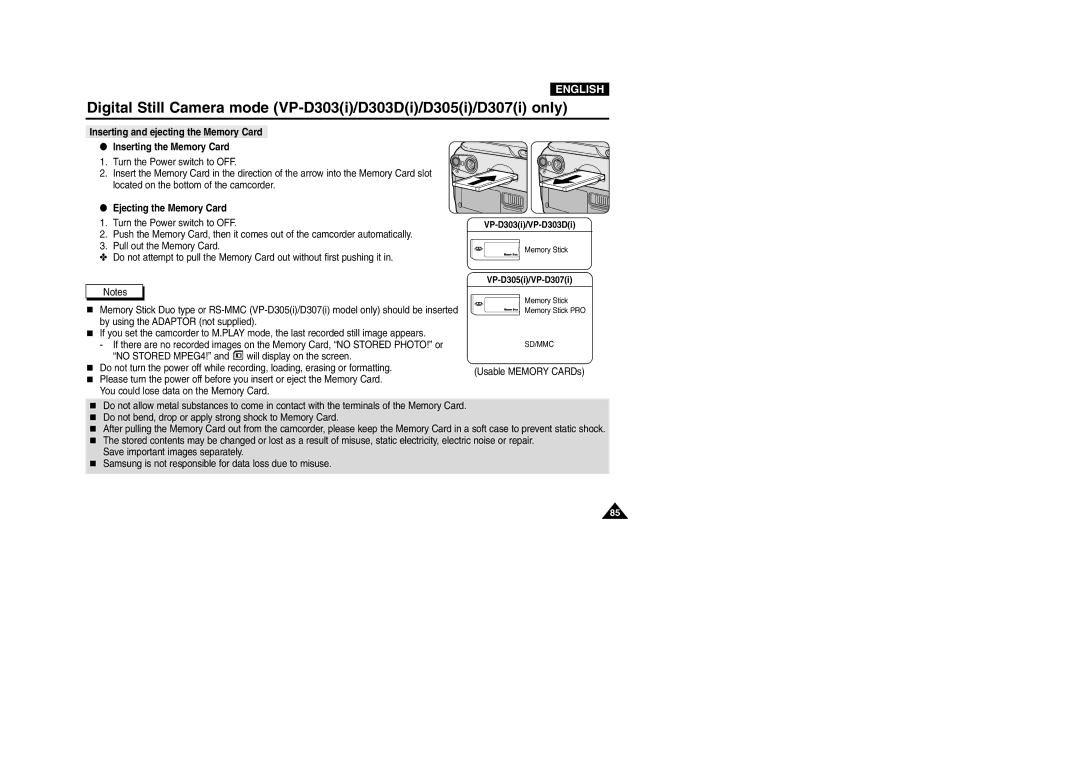 Samsung VP-D301(i), D305(i), D303(i), D303D(i), D307(i) manual Ejecting the Memory Card 