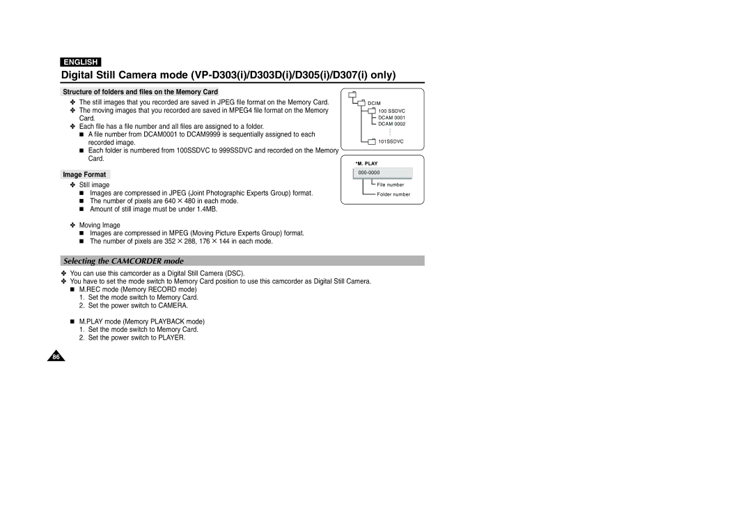 Samsung D305(i), VP-D301(i) Selecting the Camcorder mode, Structure of folders and files on the Memory Card, Image Format 