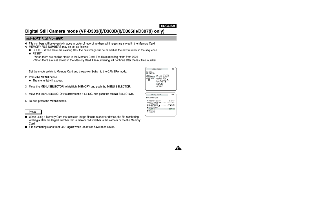 Samsung D303(i), VP-D301(i), D305(i), D303D(i), D307(i) manual Memory File Number 