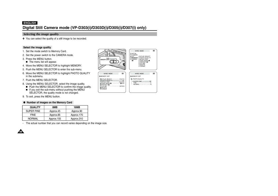 Samsung D303D(i) manual Selecting the image quality, Select the image quality, Number of images on the Memory Card, Quality 