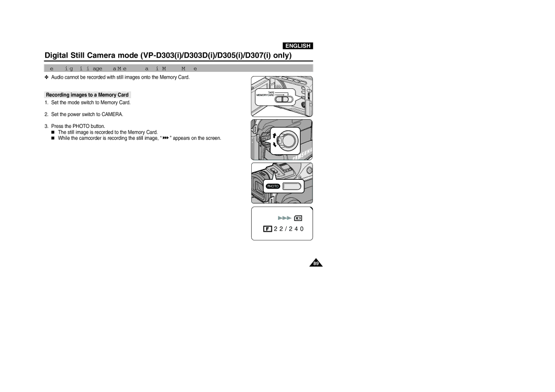 Samsung D307(i), VP-D301(i) manual Recording Still images to a Memory Card in M.REC Mode, Recording images to a Memory Card 