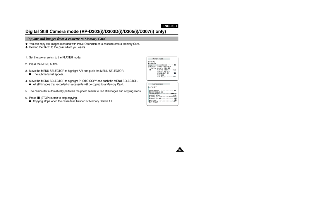 Samsung D303D(i), VP-D301(i), D305(i), D303(i), D307(i) manual Copying still images from a cassette to Memory Card 