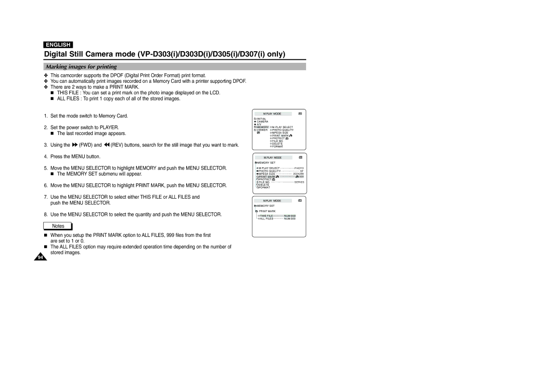 Samsung D307(i), VP-D301(i), D305(i), D303(i), D303D(i) manual Marking images for printing 