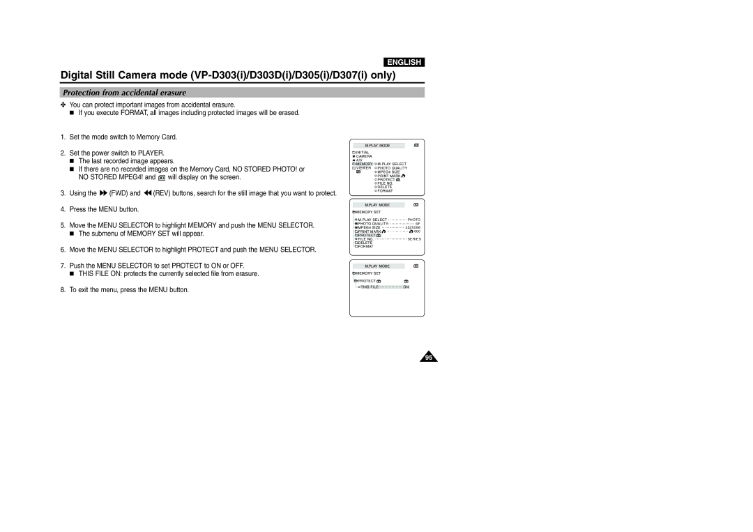 Samsung VP-D301(i), D305(i), D303(i), D303D(i), D307(i) manual Protection from accidental erasure 