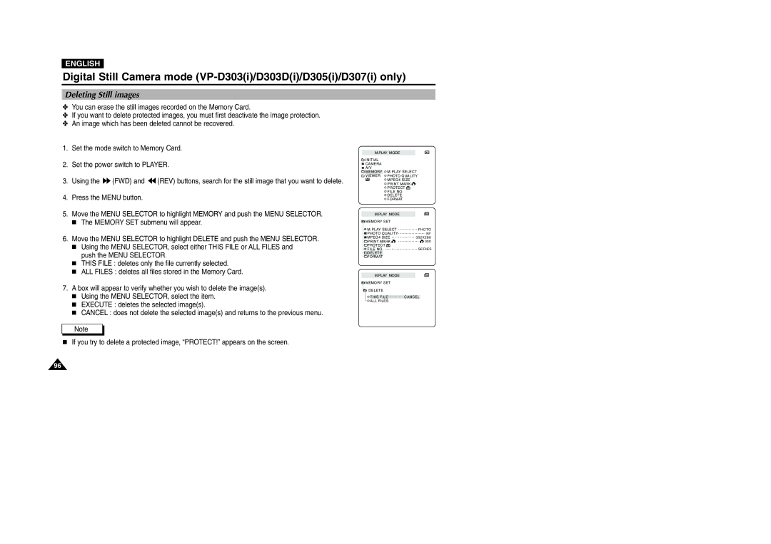 Samsung D305(i), VP-D301(i), D303(i), D303D(i), D307(i) manual Deleting Still images 