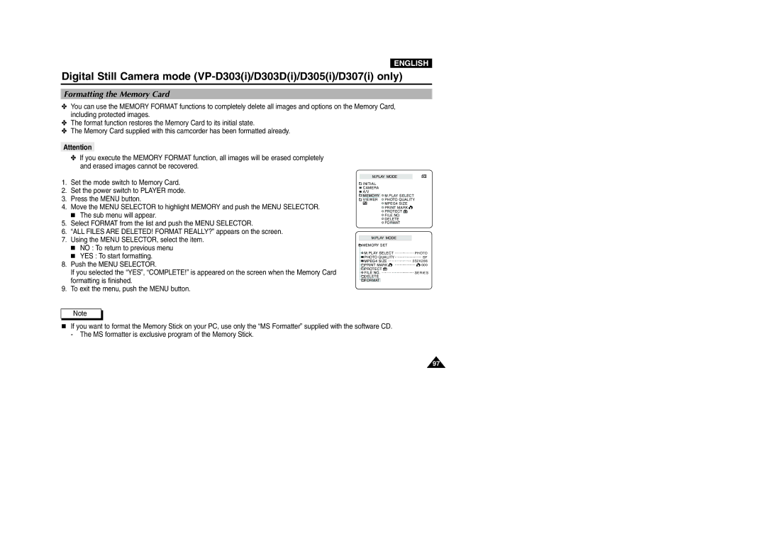 Samsung D303(i), VP-D301(i), D305(i), D303D(i), D307(i) manual Formatting the Memory Card 